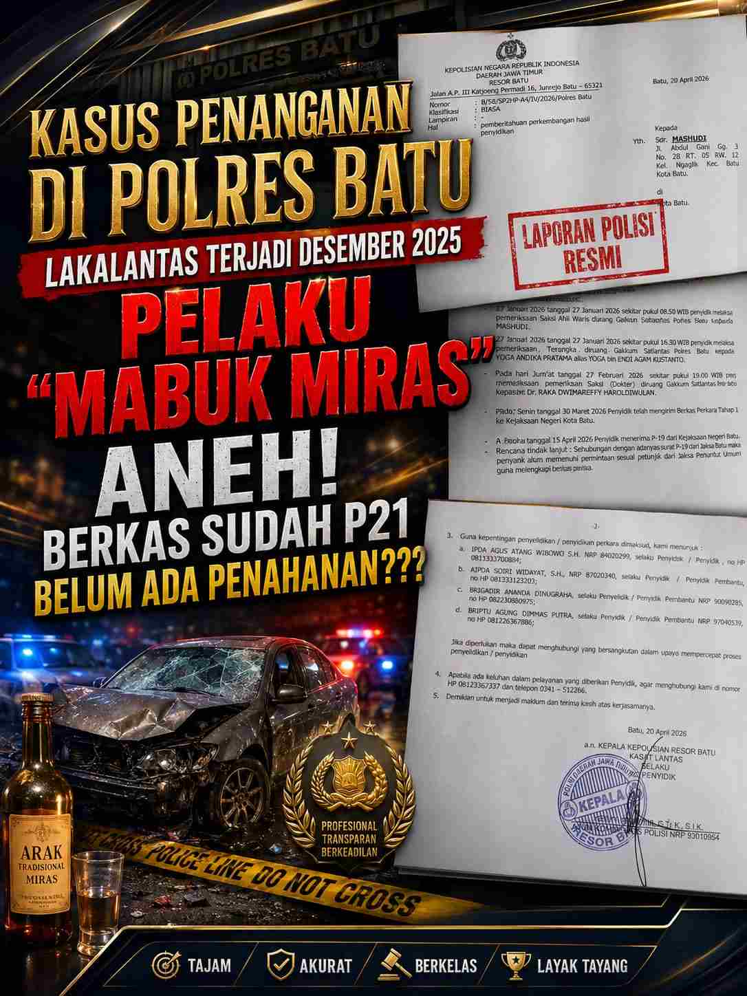 Kata IPDA Agus Atang Wibowo, S.H Berkas Pelaku P21. Pakar Hukum : "Aneh Kok Gak Ditahan!!!, Kinerja Kanit Gakkum Satlantas Patut Dipertayakan"???